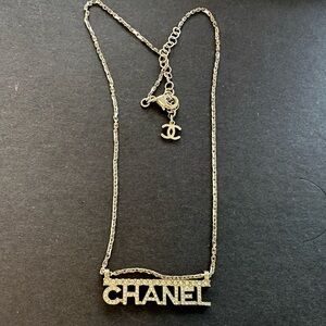🖤Chanel 22S Gold Crystal Bar Chain Link Name Plate CC Logo Drop Long Necklace🖤